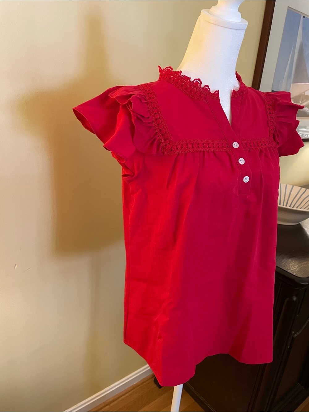Bright Red Ruffle Sleeve Boho Top - Picture 2 of 5